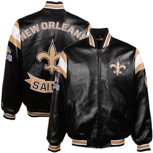 NFL Men's New Orleans Saints Color Blocked Pleather Jacket With Knit Collar (Black, Medium)