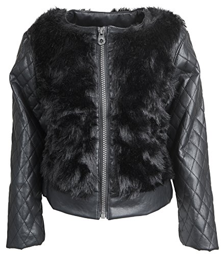 Catherine Malandrino Little Girls Fur Moto Jacket with PU Leather Quilted Sleeve