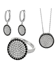 BRI Jewelry Sterling Silver Flat Round Shape With Clear And Black Micropave Cubic Zirconia Set - Pendant - Dangle Earring