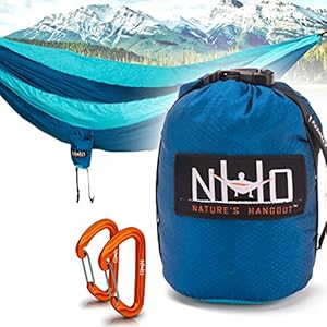 Premium Camping Hammock - Large Double Size, Portable & Lightweight. Aluminum Wiregate Carabiners Included. Ultralight Ripstop Parachute Nylon (Royal/Sky Blue Stripe)