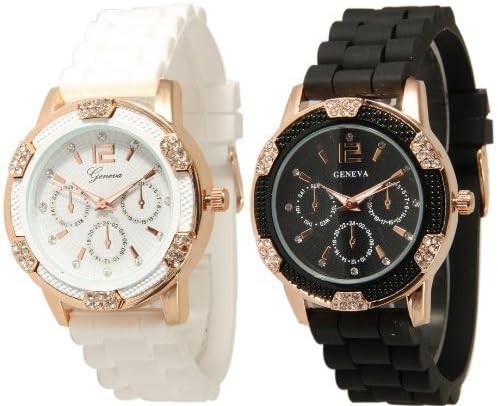 Black and White Faux Rhinestones Chronograph Silicone Watch