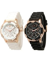 Black and White Rosegold Faux Chronograph Silicone Watch w/ Rhinestones