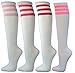 COUVER Premium Quality White Striped Knee High Fashion Casual Tube Cotton Socks (1 Pair) (Medium, Carolina Blue/Dark Orange/Carolina Blue)