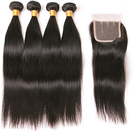 Silkylong Brazilian Hair Weave Bundles With Closure Straight Weave Wnprocessed 4 Wundles Human Hair With Lace Closure (20 22 24 26+16")