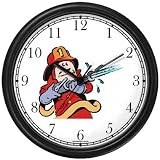 Fireman in Red Suit with Fire Hose Cartoon 2 Wall Clock by WatchBuddy Timepieces (Black Frame)