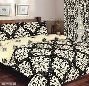 DAMASK Quilt Duvet Cover & Pillowcase Bed Set Black/Cream - DOUBLE