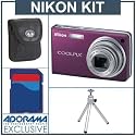 Nikon Coolpix S550 Digital Camera Kit,- Plum - Refurbished - by Nikon U.S.A. With 4GB SD Memory Card, Camera Case, Table Top Tripod,