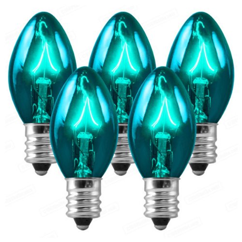 25 Bulbs C7 - Teal Transparent - 5 Watt - Candelabra Base - Christmas Lights - HLS C75WTEAL