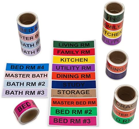 Saurus Home Moving Labels, 4-bedroom House, 14 Rolls, 50 Labels Per Living Space, 14 Different Colors, 700 Total Labels, 1" Height X 4.5" Width, Color Coding Labels