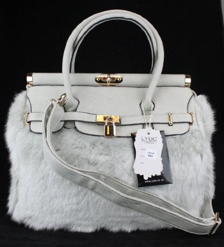 LYDC Vintage Style Grey Faux Fur Padlock Celebrity Designer Croc Leather Shoulder Tote Bag Satchel Briefcase Handbag L6119