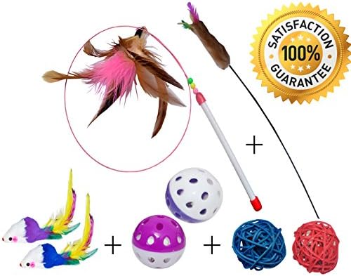 Meowo 8 Pack Cat Dancer Toys/Cat Charmer Wand/Feather Teaser/Mouse/Bell Ball