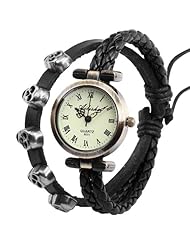 Ailisha Ladies Women Weave Wrap Black Leather Skull Wing Bracelet Quartz Watch WAA356