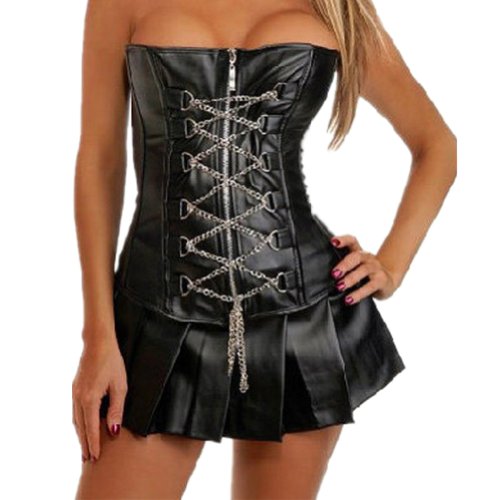 Gothic Chain Black Faux Leather Zip Overbust Sexy Corset Lingerie Mini Skirt