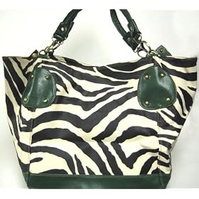 Large Black White Zebra Handbag Dark Green Trim