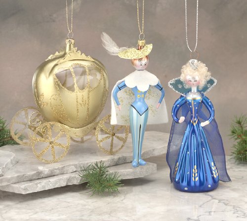 De Carlini Cinderella Set of 3 Italian Mouthblown Glass Christmas Ornaments