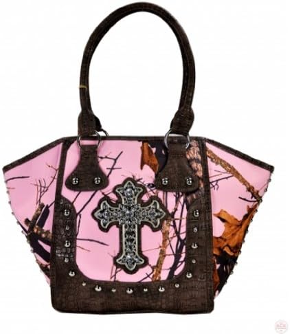 Mossy Oak® Camo Western Cross Rhinestone Stud 2 Way Oversized Satchel Pink AH22
