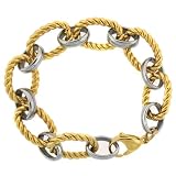 Stainless Steel 24k Plated 2-Tone Textured Rope and Polished Rolo Link Bracelet 8.75 inches Bucasi