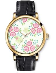 SPRAWL Aanalog Fashion Series Gold Ladies Watches of Genuine Black Leather Strap,Unique Wrist Watch for Women Girls Designed with roses flowers
