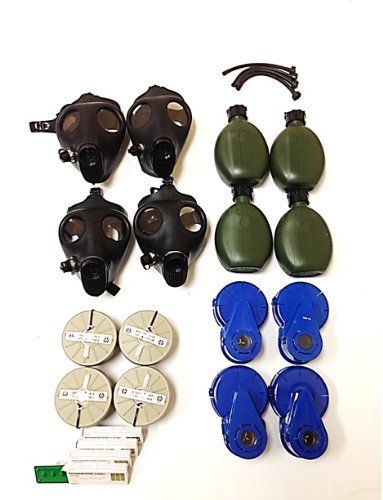 Gas Mask Complete Upgraded Family Kit Four (4) Adults Gas Masks, NBC Filters, Air Supply Units, Canteen & Straws) On Sale