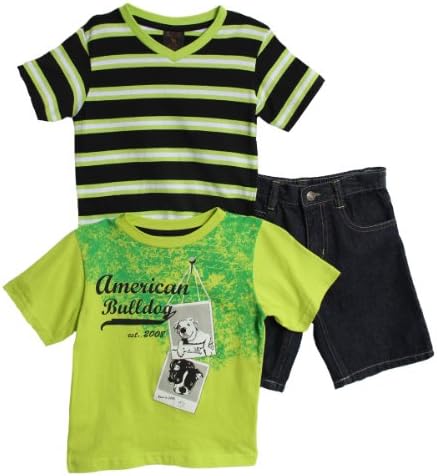 American Bulldog Toddler Boys 3 Piece Lime Green Striped Shirt Denim Shorts Set