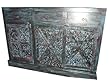 Antique Sideboard Media Console Buffet Distressed Blue Patina Tribal Carved Indian Furniture