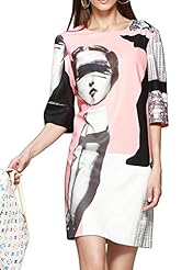 Round Neck Spring Fall Winter Elbow Length Sleeves Polyester General Print Midi Dress 