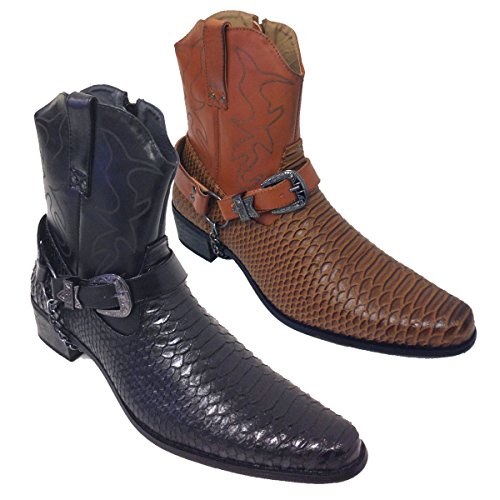 J-jap Men's Cowboy Boots Western Alligator Snake Skin Print Crocodile Zippper Buckle Harness Chain Ankle Shoes, Black, Brown