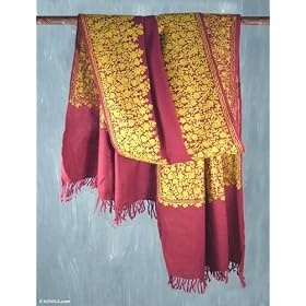 Wool shawl, 'Wine Floral Drama' by NOVICA