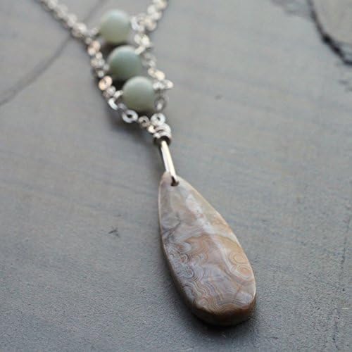 Modern silver necklace with laguna lace agate and amazonite stones