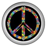 Silver Wall Clock of Peace Symbol with Flowers in 60s Colors