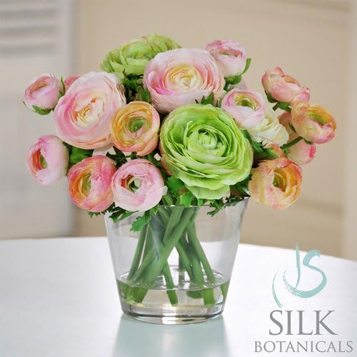 Jane Seymour Botanicals Ranunculus in Glass Vase, 10-Inch, Pink Green