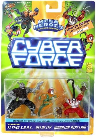Mattel Year 1995 Mega Heroes The Ultimate Encounter Cyber Force Limited Edition Collector Series 3 Pack 2-1/2 Inch Tall Mini Figures - FLYING S.H.O.C. , VELOCITY and WARRIOR RIPCLAW