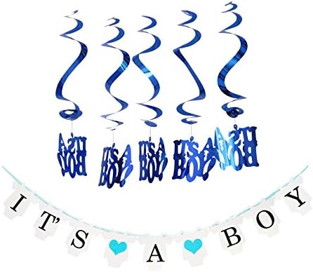 Lovarin It's A Boy Decorations Kit Newborn Baby Bunting Banner Sweet Safari Boy Hanging Swirl Confetti (5pcs) for Baby Shower Birthday Party Favors Photo Prop Room Nursery Decoration Ideas-Blue