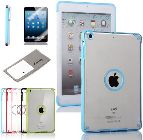 Lumsing(TM) Flexible Transparent Ultra Thin PC Case Back Cover with Colorful TPU Frame Glow in the Dark Case Skin for Apple New iPad Mini 7.9 inch 4G LTE + Screen Protector Set and Stylus (Light Blue)