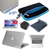 Premium Skque Clear Hard Plastic Crystal Case + 3 pcs 13.3 Inch Series LCD Screen Protector + Blue Anti Dust Plug Cover for Laptop Notebook + Palm and Track Pad Protector + Laptop Notebook Cooler Pad w/ 3 Fans + AC Home/DC Car Power Converter for Apple MacBook Air 13.3