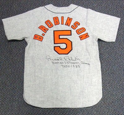 Brooks Robinson Autographed/Hand Signed Mitchell & Ness Baltimore Orioles Gray Jersey HOF 83 & Human