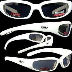 Chicago Foam Padded Sunglasses - Motorcycle/ATV/Sports Eyewear White Frame Smoked Lenses With Vented EVA Foam Padding to Protect Against Wind and Dust