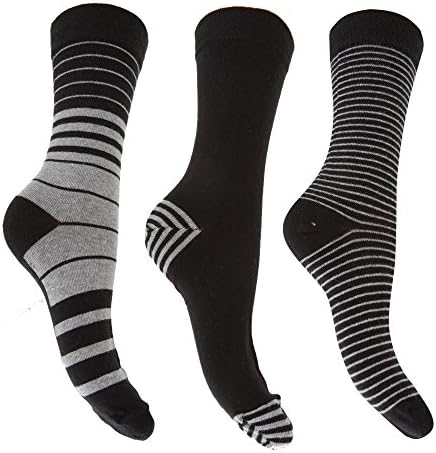Ladies/Womens Striped Gentle Grip Honeycomb Top Socks (Pack Of 3) (US Shoe 6-10) (Black/Grey Stripe)