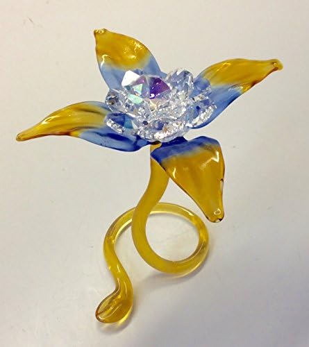 Italian Crystal Swarovski Blossom Standing Flower Amber Blue Murano Glass Figurine
