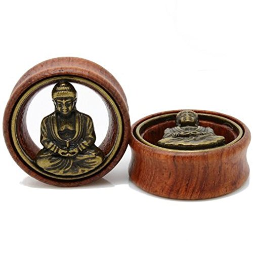TOPBRIGHT® Pair Wood & Brass With Buddha Flesh Tunnels Expander Ear Gauges Earring Plugs