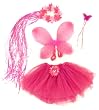 Pink & Hotpink 4 Piece Flower Fairy Princess Costume Set. Includes Tutu, Wings, Wand and Flower Halo