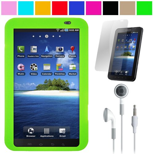 Best Price Premium Protective Soft Silicone Skin Cover for Samsung Galaxy Tab 7 inch Tablet WiFi 3G Samsung P1000 + Anti Glare Clear Screen Protector for Samsung Galaxy Tab P1000 + Hifi Noise Reducing Headphones + SumacLife TM Wisdom Courage Wristband (Many Colors Available), Green