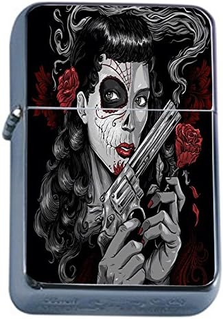 Flip Top Oil Lighter Sugar Skull D16 Day of the Dead Dia De La Muerto Includes Silver Case