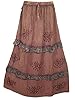 Vintage Long Skirt Brown Embroidered Stonewashed Rayon Bohemian Maxi Skirt for Womens