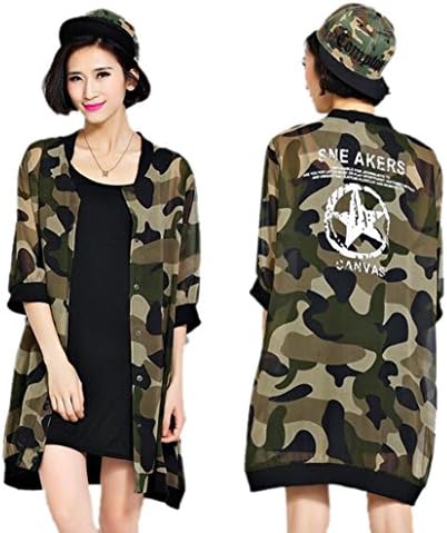 Urban Fashion Womens Casual Loose Chiffon Camouflage Summer Jacket (Army Green)