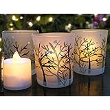 Glittery Winter Trees and Snow Set of 3 Frosted Glass Tealight Candle Holders with Three Flameless Flickering LED Tea lights Included