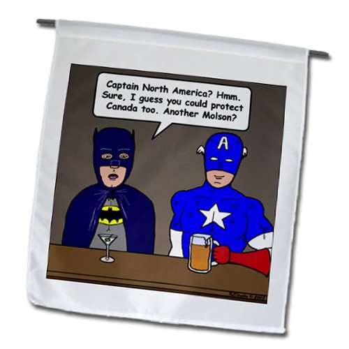 fl_3821_1 Rich Diesslins Funny General Cartoons – Super Hero Parody with Batman and Captain America at the bar – Flags – 12 x 18 inch Garden Flag