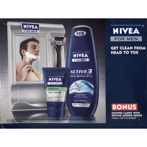 Nivea for Men Active 3 Shower Shampoo Shave and Face Scrub Energizer with Bonus Shower Caddy with No-fog Mirror Gift Set