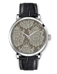 SPRAWL Aanalog Fashion Series Silver Ladies Watches of Genuine Black Leather Strap,Unique Wrist Watch for Women Girls Designed with Old flower gray background coffee