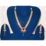 Marvelous Gold Finish Victorian Style Red and Green Beads Necklace Jewelry Set